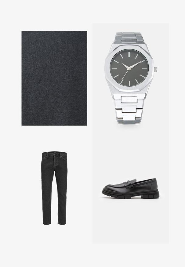 Tissu en coton noir avec une texture lisse, présentant un motif de tricot uniforme et sans embellissements ni détails en métal visibles.; Jean en denim noir avec une coupe droite, cinq poches et passants de ceinture, présentant une texture légèrement délavée et des coutures contrastées.; Mocassins en cuir noir avec une finition lisse, présentant un détail de sangle à l'avant et une semelle en caoutchouc épaisse avec des accents striés.; Montre analogique argentée avec un boîtier octogonal, un cadran gris, des index de heures argentés et un bracelet en acier inoxydable. Design minimaliste avec texture lisse.