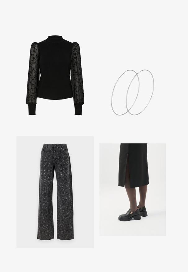 Black ribbed sweater featuring a high neckline and sheer puff sleeves with floral embroidery. Fitted design with contrasting textured sleeves.; Noisy May NMJANNEL LOOSE - Relaxed fit jeans - black denim; Black leather shoes with a rounded toe, thick block heel, and elastic side accents, paired with dark tights and a black skirt with a slit.; Silver hoop earrings with a minimalist design. Circular shape, smooth texture, and thin profile. Lightweight with a polished finish.