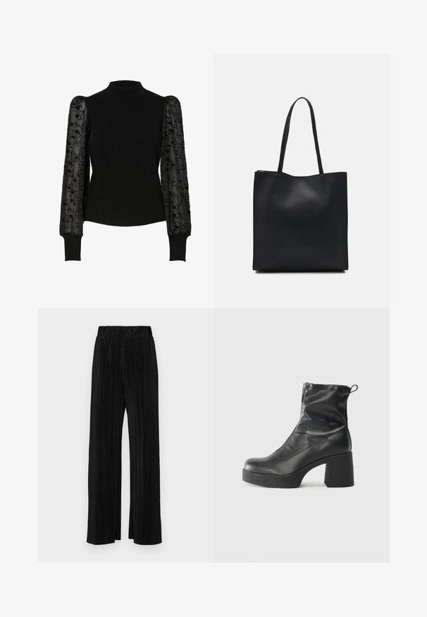 Pull noir côtelé avec un col montant et des manches bouffantes transparentes ornées de broderies florales. Coupe ajustée avec des manches texturées contrastantes.; Pantalons plissés noirs avec une taille élastique. Présente des jambes larges et un tissu lisse texturé avec des rayures verticales.; Bottes noires à la cheville en cuir lisse, dotées d'une fermeture éclair sur le côté, d'un talon épais texturé et d'une conception à bout rond.; Sac fourre-tout en cuir noir avec une texture lisse, de forme rectangulaire et deux longues poignées. Pas de matériel ou d'ornementations visibles.
