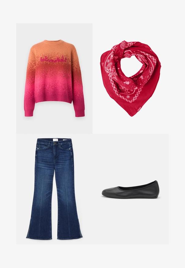 Pletený svetr s přechodem z oranžové do růžové, s kulatým výstřihem a volným střihem. Na hrudi vyšívané "hlmn" v růžové barvě.; Tmavě modré zvonové džíny vyrobené z denimu. Mají vysoký pas, přední kapsy a rozparky na lemu. Klasický design s pěti kapsami.; Černé kožené baletní byty s kulatou špičkou, hladkou texturou, minimálními švy a flexibilním designem podrážky.; Červený šátek z bavlny, zdobený bílými květinovými a tečkovanými vzory, s trojúhelníkovým tvarem a štítkem v dolním rohu.