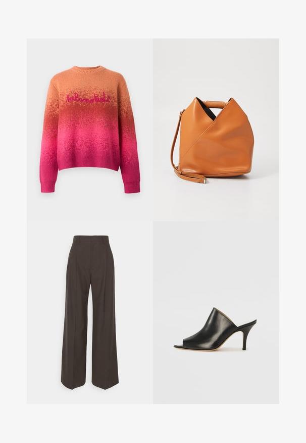 Pull en tricot avec un dégradé de l'orange au rose, col rond et coupe ample. "hlmn" brodé en rose sur la poitrine.; Pantalons larges marron foncé à taille haute, avec des plis soigneusement marqués, une texture lisse et une coupe ajustée.; Mule ouverte en cuir noir avec un design élégant et courbé, un talon aiguille haut et une texture lisse. L'intérieur présente une couleur claire contrastante.; Sac à main en cuir tan avec un design de pli triangulaire unique, poignées supérieures et une bandoulière détachable sur fond blanc.