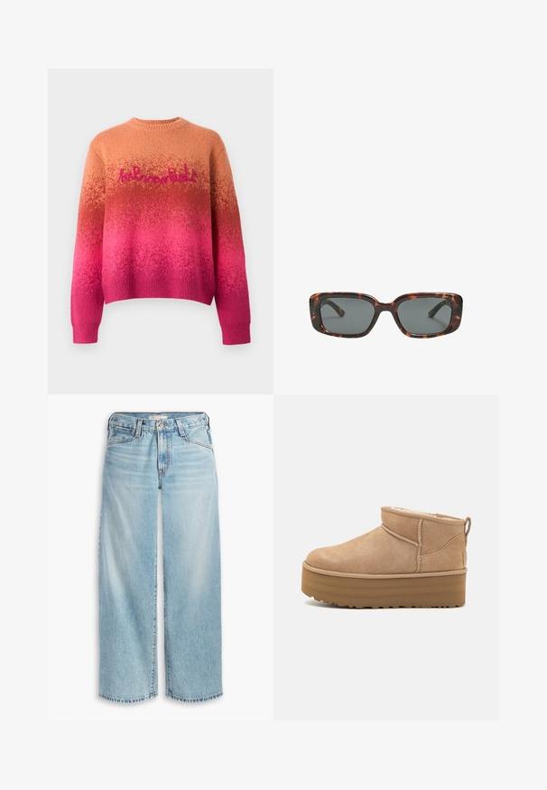 Gestrickter Pullover mit einem Farbverlauf von Orange nach Pink, runder Ausschnitt und lockerer Passform. "hlmn" in Pink auf der Brust gestickt.; Hellblaue, weit geschnittene Jeans aus Denim mit hoher Taille, Knopfverschluss und ausgefranstem Saum. Sichtbare Nähte und Taschen.; Beige Wildleder-Ankle Boots mit einem weichen Innenfutter, ausgestattet mit einer Plateausohle und einer Zuglasche hinten für einen einfachen Einstieg. Strukturiertes Gummiprofil.; Sonnenbrille im Schildpatt-Design mit rechteckigen Gläsern, dicken Rahmen und dunkelgetönten Gläsern. Glatte Textur und minimalistisches Design.