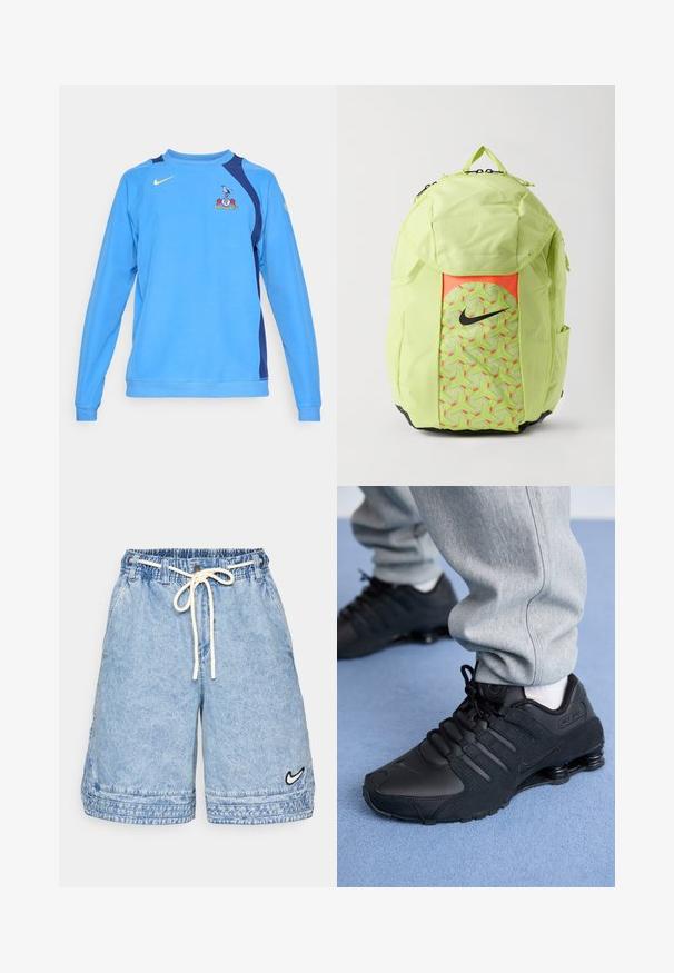 Light blue sweatshirt with long sleeves, navy accents on shoulders, Nike logo in yellow, and a team emblem on the front. Soft fabric texture.; Two white tank tops, ribbed texture, featuring blue and green embroidered logos. One has a sun design, the other a palm tree.; Denim shorts in light blue with an elastic waistband and drawstring. Features side pockets and a small black Nike logo on the hem.; Person wearing black Nike Shox sneakers and gray sweatpants standing on light blue carpet.; Light green Nike backpack with black swoosh logo, geometric patterned front pocket, side pockets, and top carry handle on white background.