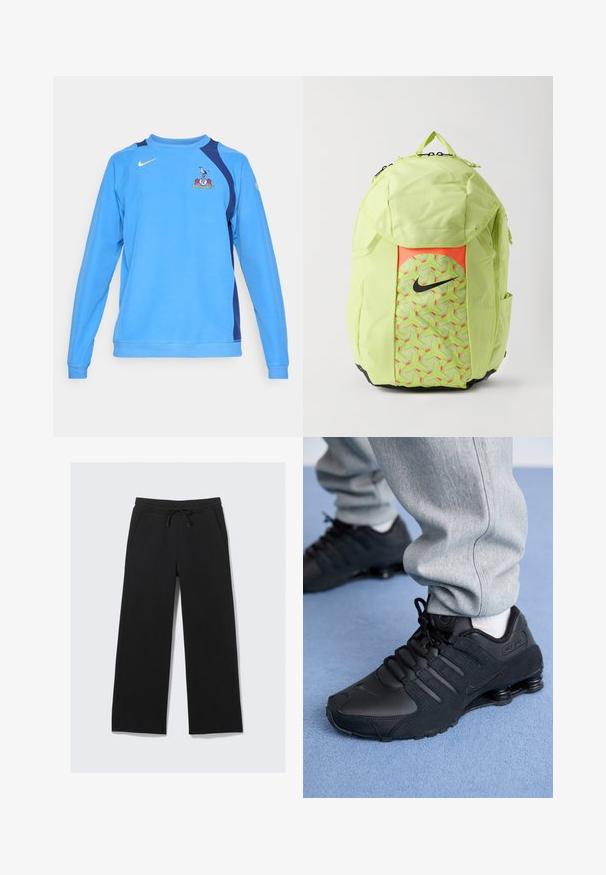 Svetlomodrá mikina s dlhými rukávmi, námornícke akcenty na pleciach, žlté logo Nike a tímová emblem na prednej strane. Mäkko tkaná textura.; Dve biele tielka, s jemnou textúrou, s vyšívanými logami v modrej a zelenej farbe. Jedno má dizajn slnka, druhé palmy.; Čierne voľné teplákové nohavice vyrobené z mäkkej tkaniny. Majú elastický pás s pozdĺžnym sťahovaním a bočné vrecká. Hladký povrch.; Osoba v čiernych teniskách Nike Shox a šedých teplákoch stojí na svetlomodrom koberci.; Svetlozelený batoh Nike s čiernym logom swoosh, predná vrecko so geometrickým vzorom, bočné vrecká a horné ucho na nosenie na bielom pozadí.