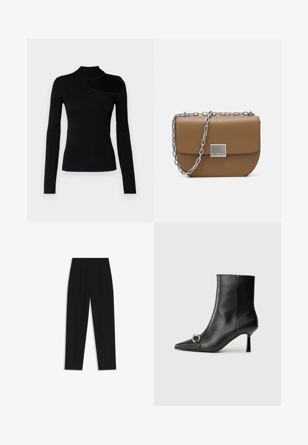 Mustapaitainen pitkähiha, jossa on korkea kaulus ja epäsymmetrinen aukko vasemmassa olkapäässä. Valmistettu sileästä, joustavasta kankaasta.; Mustat housut suoran istuvuuden kanssa, joissa on kaksinkertaiset laskokset, sileä pinta ja klassinen vyötärönauhan muotoilu. Ei näkyviä metalliosia tai koristeita.; Musta nahkasaapas nilkkapituisilla, terävillä kärjillä, hoikalla keskipituisella korolla ja hopeavöillä sivussa yksinkertaista taustaa vasten.; Ruskea nahkainen olkalaukku, jossa on kaareva muoto, hopeinen ketjuolkaintuki ja neliönmuotoinen metallinen kiinnitysdetaili edessä.