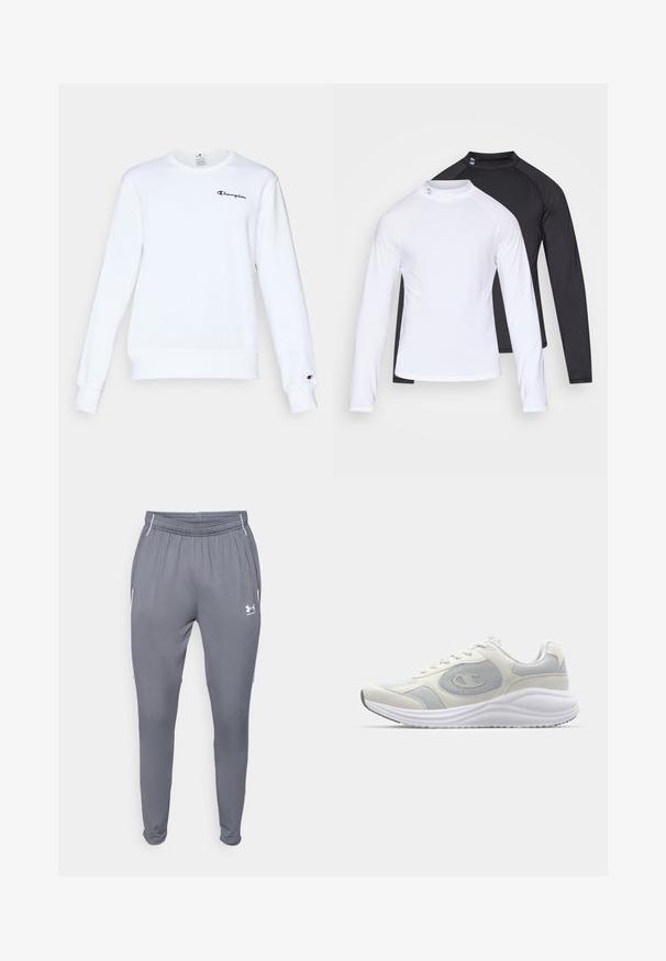 Balta medvilninė sportinė palaidinė su ilgomis rankovėmis, apvalia iškirpte, pynimo rankogaliais ir apačia, su mažuoju juodu "Champion" logotipu krūtinėje.; Du kievienos ilgomis rankovėmis, viena balta ir kita juoda, pagaminti iš lygaus, tampraus audinio su prigludusia forma ir apvaliu kaklu.; Pilkos sportinės kelnės su elastingu juosmeniu, šoninėmis kišenėmis ir baltais akcentais. Pagamintos iš lygios, lengvos medžiagos.; Balti sportiniai bateliai su šviesiai pilkais akcentais, tinklelio ir zomšos medžiagomis, suapvalintu pirštu, tekstūruotu padu ir matomu prekės ženklu šone.