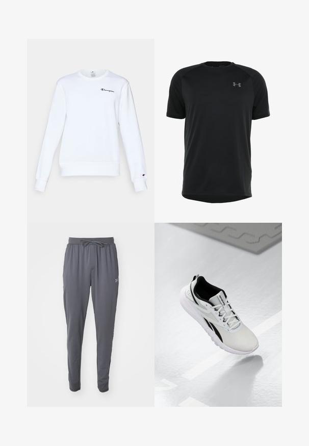 White cotton sweatshirt with long sleeves, round neckline, ribbed cuffs and hem, featuring a small black "Champion" logo on the chest.; Black short-sleeve athletic shirt made of smooth, lightweight fabric. Features a rounded neckline and discreet logo on the chest.; Dark gray athletic jogger pants with elastic waistband, drawstring, side pockets, and subtle logo on the left thigh.; Light gray athletic shoe with black accents, textured mesh upper, cushioned sole, and lace-up closure. Features a heel pull tab.