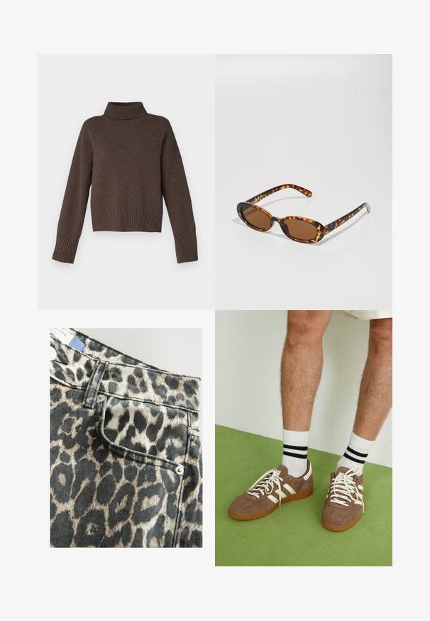 Brauner Strickpullover mit hohem Rollkragen, überschnittenen Schultern sowie gerippten Bündchen und Saum. Weiche Textur, verkürzter Schnitt.; Jeansshorts mit Leopardenmuster, strukturierter Taille, Fronttasche, schwarz-beige Farbschema, abgerundet mit silbernen Knopfdetails.; Braune Wildleder-Sneaker mit weißen Akzenten und Schnürsenkeln. Gummisohle in Kautschuk-Optik. Getragen mit weißen Socken, die schwarze Streifen haben. Grüner strukturierter Fußboden.; Schildpatt-Sonnenbrille mit ovalen Rahmen, braunen Gläsern und schlanken schwarzen Bügeln mit subtilen Musterakzenten.; Braune, geflochtene Lederhandtasche mit einer lässigen, dreieckigen Form. Verfügt über einen geflochtenen Griff und einen Reißverschluss an der Oberseite.