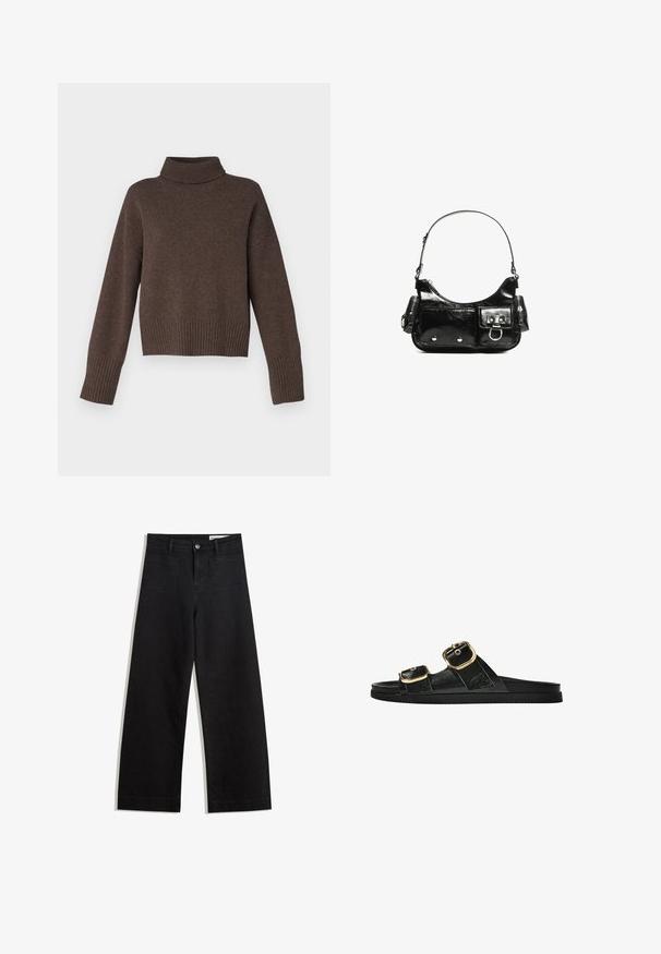 Hnědý pletený svetr s vysokým rolákem, spadlými rameny a žebrovanými manžetami a spodním lemem. Měkká textura, zkrácený střih.; Černé denimové kalhoty s volným střihem a vysokým pasem, vybavené předními a zadními kapsami, prošívanými švy a knoflíkovým zapínáním. Hladká textura.; Černé kluzné sandály s dvěma zlatými sponami, hladkým texturovaným materiálem, plochou podrážkou a minimalistickým designem.; Černá lakovaná kožená kabelka s křivkovým tvarem, jedním ramenním popruhem, předními kapsami a stříbrnými kovovými detaily.