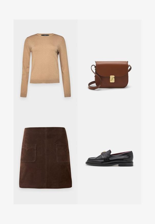 WEEKEND MaxMara SICILIA - Trui - cammello; Bruin suède rok met een klassieke A-lijn vorm, twee voorzakken met ronde kleppen en subtiele stikdetails.; Zwarte leren loafers met een gestikt patroon, een gladde textuur, gouden gesp details en een ronde neus, geplaatst op een lage zwarte zool.; Bruine leren handtas met een klep sluiting, gouden hardware, een schouderband en een gladde textuur. Compact rechthoekige vorm.