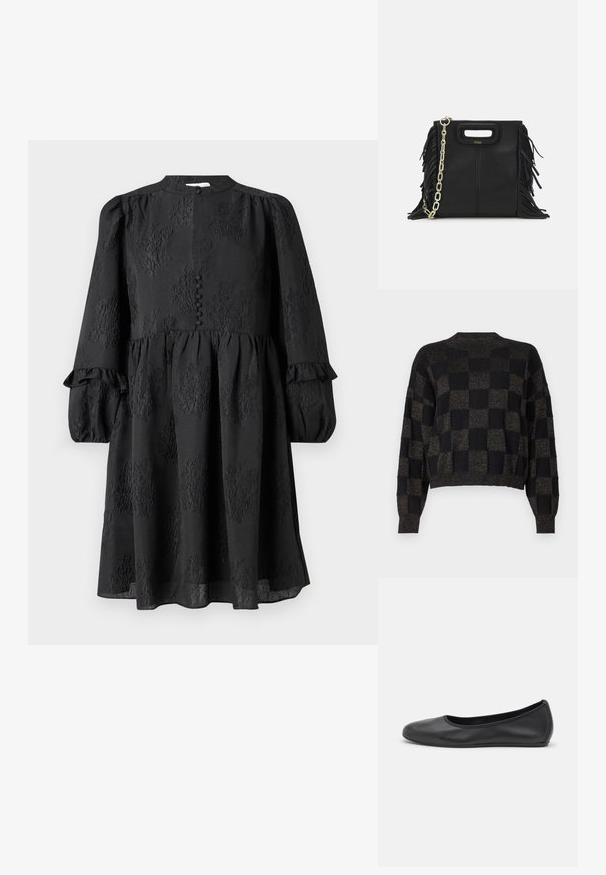 Pulover negru tricotat cu un model în carouri în nuanțe variate de negru și auriu. Dispune de un guler rotund și manșete și tiv cu nervuri.; Hofmann Copenhagen ERLA - Rochie de zi - black; Balerini din piele neagră, cu vârf rotund, textură netedă, detalii de cusătură minimale și un design al tălpii flexibil.; Geantă de mână din piele neagră cu detalii din franjuri, curea de umăr din lanț auriu și un mâner cu tăietură. Prezintă plasarea logo-ului pe față.