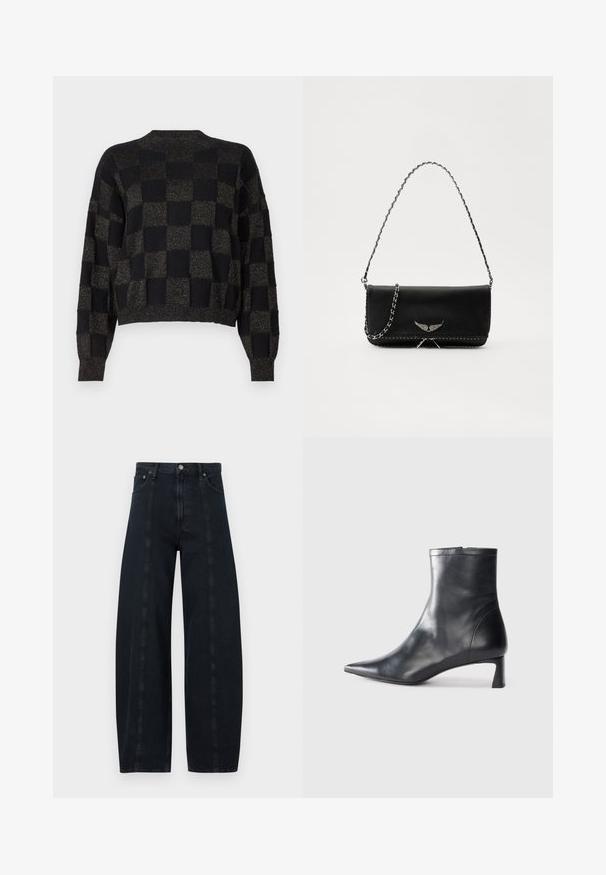 Sweater preto de malha com um padrão xadrez em diferentes tonalidades de preto e dourado. Apresenta um decote redondo e punhos e bainha canelados.; Calças de ganga escuras de perna larga com uma cintura alta, apresentando costuras contrastantes e um estilo clássico de cinco bolsos. Textura suave, sem padrões visíveis.; Bota de tornozelo em pele preta com biqueira apontada e um design elegante. Apresenta um salto baixo e um fecho com zipper na parte de trás. Textura suave.; Saco de couro preto com uma alça de corrente prateada, apresentando ornamentos em forma de asas e costura branca ao longo da costura inferior.
