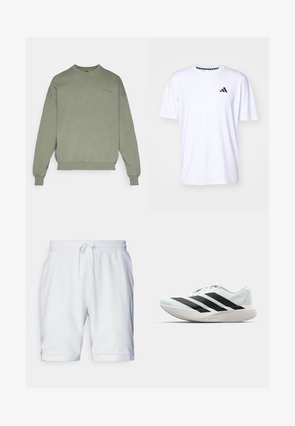 Zelena športna majica s krožnim izrezom, z rebrastimi manšetami in robom, z majhnim izvezenim logotipom "BJÖRN BORG" na prsih. Gladko teksturo.; Bela kratka majica s kratkimi rokavi iz tkanine z gladko teksturo. Ima črn adidas logotip na levi strani prsnega koša in vzorčeno ovratnico.; Beli športni kratki hlače z elastičnim pasom in prilagodljivo vrvico. Gladko blago z rahlo teksturo, z bočnimi žepi.; Lahki tekaški čevlji v svetlo modri barvi z belimi črtami. Imajo gladek zgornji del, okroglo kapico in debel bel srednji podplat z označbo "LIGHTSTRIKE PRO."