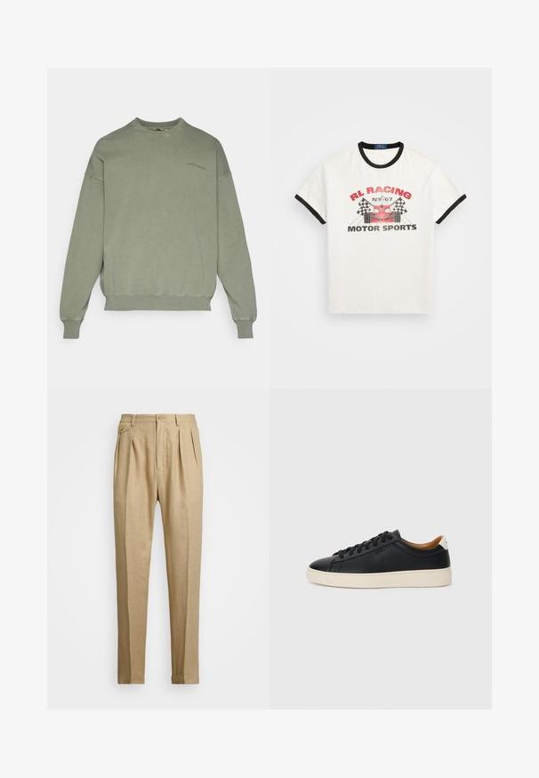 Zelená mikina s okrúhlym výstrihom, rebrovanými manžetami a lemom, s malým vyšitým logom "BJÖRN BORG" na hrudi. Hladká textúra.; Biela bavlnená tričko s čiernym obojkom a rukávmi. Obsahuje červený a čierny grafický potlač s ilustráciou pretekárskeho auta a šachovnicovými vlajkami.; Bežové ľanové nohavice so strihaním do rovna, so 'dvoma prednými záhybmi, s gombíkovým zapínaním a bočnými vreckami. Textúrovaná látka s hladkým povrchom.; Čierne kožené tenisky s hladkou textúrou, béžová gumová podrážka, viazanie a kontrastný akcent na päte.
