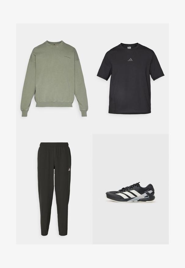 Zöld pulóver kerek nyakkal, bordázott mandzsettával és alsó szegéssel, amelyen a mellrészen egy kis hímezett "BJÖRN BORG" logó található. Sima textúra.; Fekete sport póló lélegző anyagból, rövid ujjú, kerek nyakkal és fényvisszaverő logóval a mellkasán.; Fekete sportnadrág rugalmas derékrésszel, vékony szabással és fehér logóval a bal lábszáron. Sima, könnyű anyag.; Fekete sportcipő fehér csíkokkal, hálós felsőrész, kerek orr és párnázott talp. Texturált sarokkal és biztonságos fűzőrendszerrel rendelkezik.