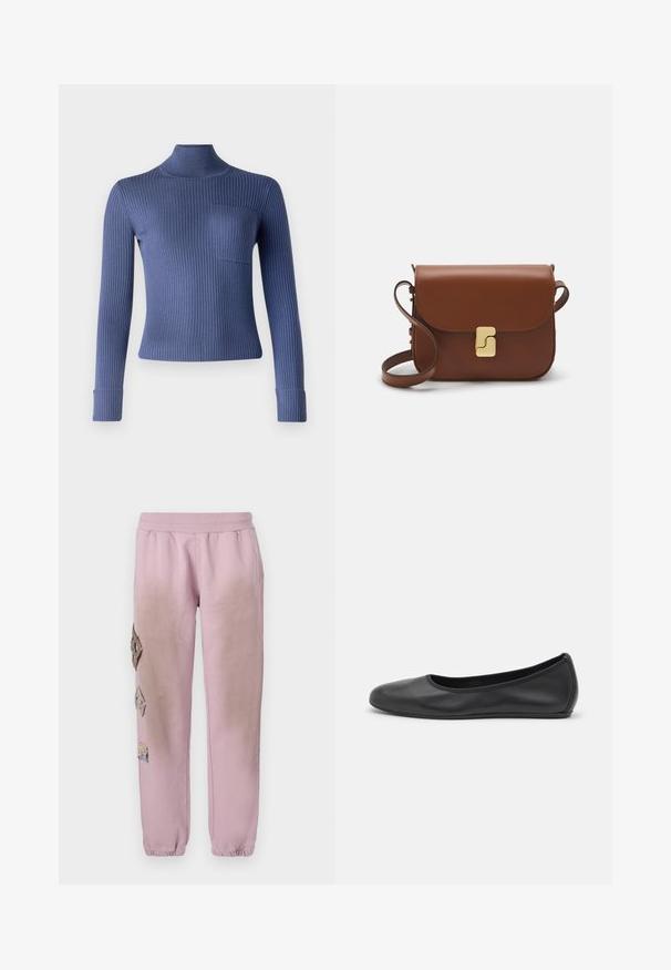 Geripptes Rollkragensweatshirt in tiefblau. Mit langen Ärmeln, einer figurbetonten Passform und einer kleinen Fronttasche. Weicher Stoff und dehnbarem Material.; Rosa Sweatpants mit elastischem Bund, verziert mit dekorativen Patches in Diamantform auf der linken Seite und elastischen Bündchen an den Knöcheln.; Schwarze Leder-Ballettschuhe mit abgerundeter Spitze, glatter Textur, minimalen Nähdetails und einem flexiblen Sohlen-Design.; Braune Ledertasche mit Klappenverschluss, Beschlägen in Goldfarbe, einem Schultergurt und einer glatten Oberfläche. Kompakte rechteckige Form.