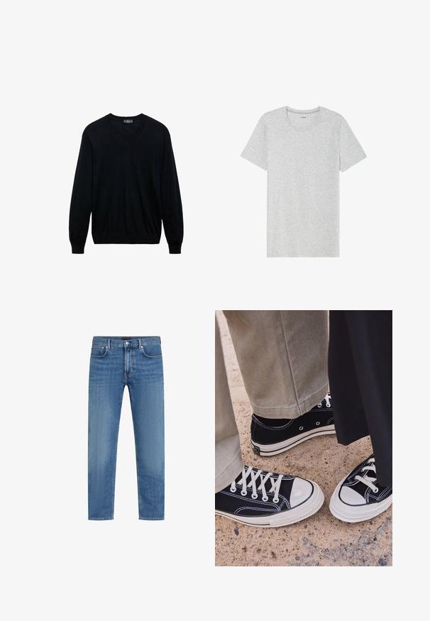 Zwarte langwerpige V-hals trui met geribde manchetten en zoom, weergegeven op een witte achtergrond.; Grijze T-shirt met korte mouwen, gemaakt van een zachte, lichte stof. Rechte zoom, klassiek rond decolleté ontwerp en subtiele heather structuur.; Blauwe recht gesneden denim jeans met vijf zakken, knoop- en ritssluiting, en subtiele vervaging op de dijen.; Zwarte canvas sneakers met witte rubberen neuzen en veters. Contrasterende stiksels en metalen oogjes voegen detail toe. Gecombineerd met beige broek en zwarte stof.