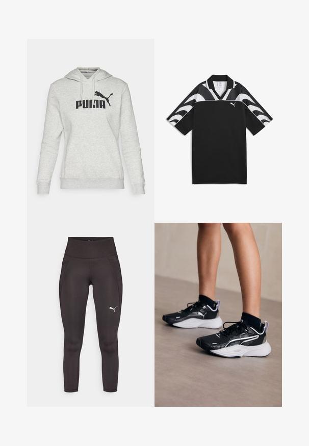 Siva dukserica s kengurskom džepom, kapuljačom s vezicom i crnim "PUMA" logotipom na prsima. Izrađena od mekog, prozračnog materijala.; Črna športna majica z V-izrezom, kratkimi rokavi in belimi valovitimi vzorci v zgornjem delu. Na sprednji strani se nahaja majhna bela logo.; Črne športne legice iz raztegljivega materiala z visokim pasom, z bočnimi žepi in belim logotipom na levi nogi.; Črne športne čevlje z belimi detajli, mrežasto zgornji del, vezalke in oblazinjen petni del. Opremljeni so z teksturiranim podplatom za oprijem.