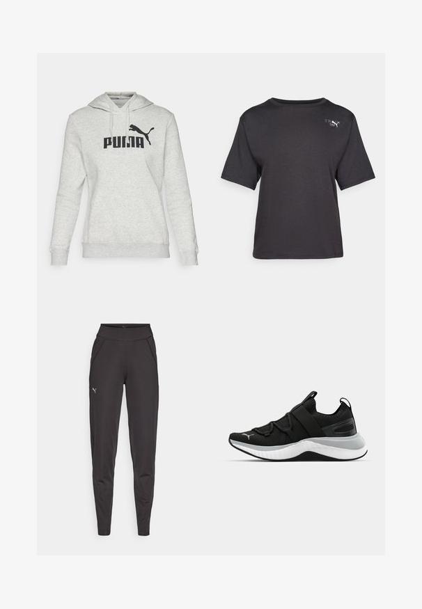 Szürke kapucnis pulóver, kenguruzsebbel, húzózsinórral ellátott kapucnival és fekete "PUMA" logóval a mellrészen. Puha, lélegző anyagból készült.; Fekete, rövid ujjú póló, puha anyagból készült, kerek nyakkivágással és egy kis logóval a bal felső oldalon.; Fekete sportleggings rugalmas anyagból, magas derékkal, oldalsó zsebekkel és egy kis fényvisszaverő logóval a bal combján.; Fekete sportcipő textúrázott felső résszel, rugalmas pántokkal és vastag fehér középtalppal. Szürke akcentussal rendelkezik a talp mentén.