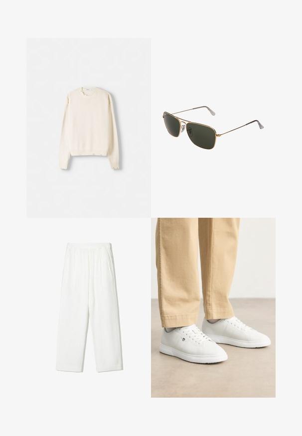 Crème-kleurige trui met lange mouwen, ribbelboord aan de mouwen en onderaan, lichte gebreide textuur, met kleine versleten details op de schouders.; Witte, wijde broek gemaakt van textiel met structuur. Bevat een elastische tailleband en twee zijzakken. Casual, losse pasvorm.; Witte leren sneakers met een gladde afwerking, voorzien van een ronde neus, vlechtontwerp en subtiele logo-detail aan de zijkant, gecombineerd met beige broek.; Gouden metalen aviator zonnebril met grote donker groene lenzen, voorzien van een dunne rand en transparante neuspads voor comfort.