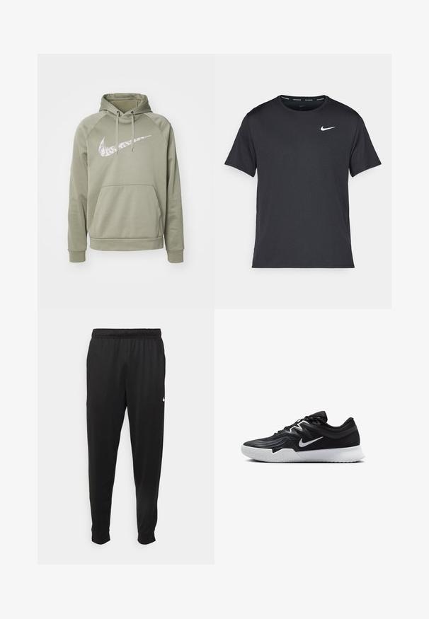 Olivgrüner Hoodie aus weichem Material, mit einem großen weißen Nike-Logo auf der Vorderseite, einer Kängurutasche vorne und einer Kapuze mit Kordelzug.; Schwarzes Nike Lauft-Shirt aus leichtem, atmungsaktivem Material, mit kurzen Ärmeln und einem kleinen weißen Logo auf der Brust.; Schwarze Sporthosen aus glattem Stoff, mit einem elastischen Bund, schmal zulaufenden Beinen und einem kleinen weißen Logo auf der linken Seite.; Schwarzer Sportschuh mit strukturiertem Obermaterial, weißem Nike-Warenzeichen und einer weißen Gummisohle. Verfügt über ein Schnürdesign und eine dynamische Form.