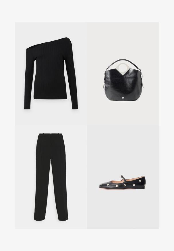 Black ribbed long-sleeve top with an asymmetric neckline, featuring one off-shoulder design and smooth texture.; Black tailored trousers with a straight-leg design, featuring a high waist, pleats, and smooth fabric texture.; Black leather Mary Jane flat shoe with a rounded toe, featuring silver circular studs and an adjustable strap with a buckle.; Black leather bag with a curved shape, circular top handle, and silver logo detail. Smooth texture and notable cut-out design feature.