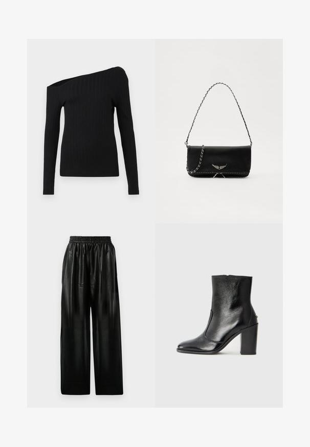 Crna rebrasta majica dugih rukava s asimetričnim izrezom, s jednim dizajnom bez ramena i glatkom teksturom.; Crne kožne hlače širokih nogavica s elastičnom trakom u struku, koje imaju dva bočna džepa i glatku, sjajnu površinu.; Crna kožna čizma do gležnjeva s glatkom teksturom, špicastim vrhom i debelim visokim potpeticama. Ima bočni otvor i minimalistički dizajn.; Crna kožna torba s srebrnim lanac strapom, s dekorativnim krilnim naglascima i bijelim šavovima duž donjeg šava.