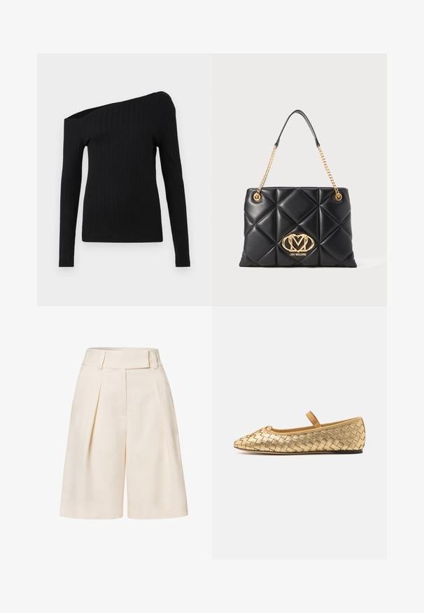 Zwarte geribbelde lange mouwen top met een asymmetrische halslijn, met een off-shoulder ontwerp en een gladde textuur.; Crème-kleurige, op maat gemaakte shorts met een hoge taille, geplooide voorkant en een gladde stofstructuur. Heeft wijde, cropped pijpen.; Loeffler Randall LEONIE SOFT BALLET FLAT - Ballerina's met enkelbandjes - gold; Zwarte gecapitonneerde handtas van faux leer met een gouden kettingschouderband, met een opvallend gouden logo en een diamanten patroon op het oppervlak.