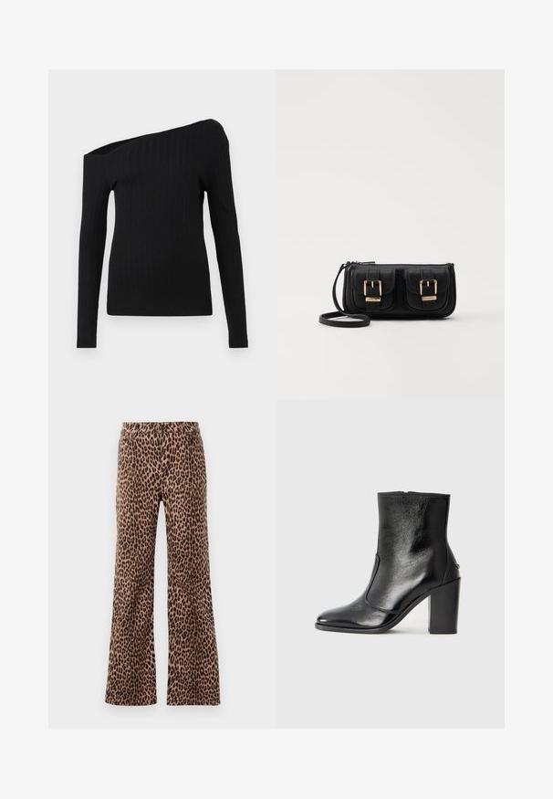 Top negru cu maneci lungi, din material texturat cu nervuri, având un decolteu asimetric, cu un design pe umărul descoperit.; Pantaloni largi cu imprimeu leopard în nuanțe de bej și negru, având o textură netedă și un tiv conic. Design cu talie standard și buzunare.; Botină din piele neagră, cu o textură netedă, vârf ascuțit și toc gros, înalt. Dispune de o deschidere laterală și un design minimalist.; Geantă neagră din piele, tip crossbody, cu două buzunare frontale, catarame aurii, închidere cu fermoar și o curea subțire. Suprafață texturată și formă rectangulară compactă.