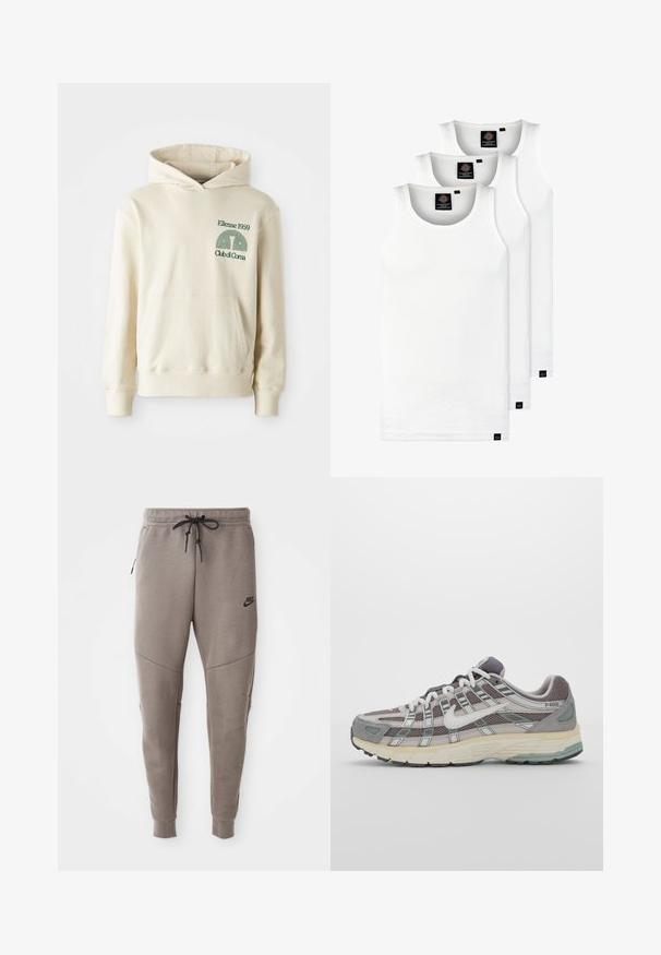 Beidzīgs kokvilnas kapucis ar kangaro kabatu. Zaļš teksts ar logo "Ellesse 1959" un izliekta grafika kreisajā krūšu daļā. Mīksta tekstūra, regulāra piegriezuma.; Trīs baltas ribotas krūšturi, kas izgatavoti no kokvilnas. Iezīmēti ar apaļu kakla izgriezumu un maziem melniem etiķetēm tuvu apakšmalai. Pieejami vairākos izmēros.; Pelēki Nike sporta bikses ar aukliņu viduklī, sašaurinātiem galiem, sānu kabatām un izteiktām šuvēm. Mīksta, teksturēta auduma.; Pelēkie sporta apavi ar tīkla un zamša augšdaļu, baltiem akcentiem, mīkstinātu zoli un izcilu dizainu ar atstarotājiem.