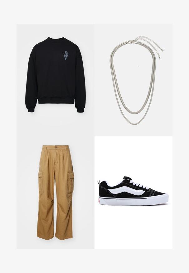 Črna mikroflis majica iz mehkega materiala, ki na levi strani prsnega dela prikazuje grafiko roke. Ima krožni ovratnik ter rebraste manšete in rob.; Bež cargo hlače s ravnim krojem, ki vključujejo dva stranska žepa in gumbasto zapiranje. Narejene so iz mehkega in trpežnega materiala.; Črne semiš superge z belimi akcenti, z nizkim dizajnom, vezalkami in debelim belim gumijastim podplatom. Logotip blagovne znamke na peti.; Tri-slojni srebrni kovinski ogrlica z elegantnimi, fleksibilnimi verigami z rahlim leskom, varovana z zaponko s katero se zaključi in nastavljivo verigo.