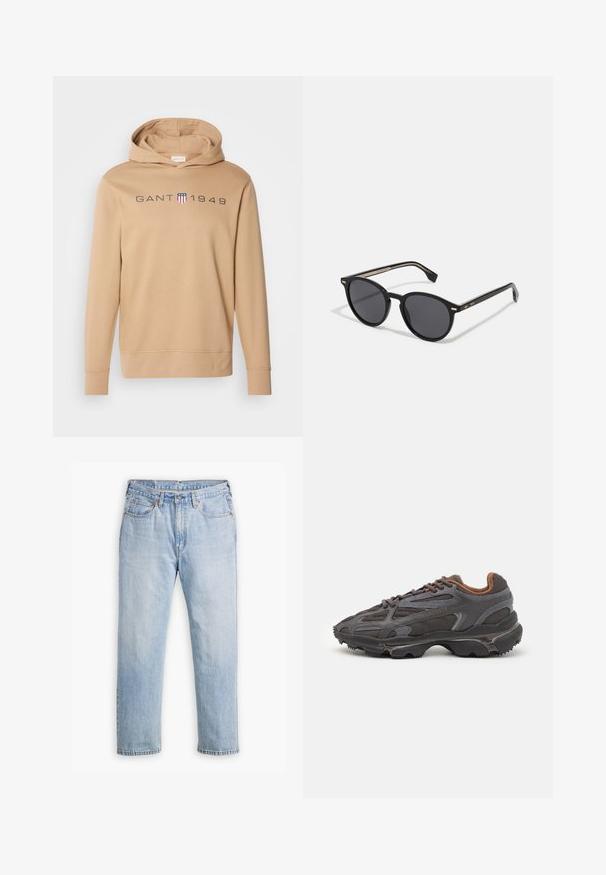 Hanorac bej cu glugă, realizat dintr-un material moale, având un logo pe piept "GANT 1949" în nuanță de bleumarin, cu un mic accent în formă de scut. Design simplu.; Jeans din denim de un albastru deschis, cu un design drept al picioarelor, stil cu cinci buzunare și cusături contrastante. Închidere cu nasture și fermoar la talie.; Adidași Lacoste de culoare gri închis, din material mesh și sintetic, cu o talpă texturată și accente maronii pe guler și branding.; BOSS Ochelari de soare - black