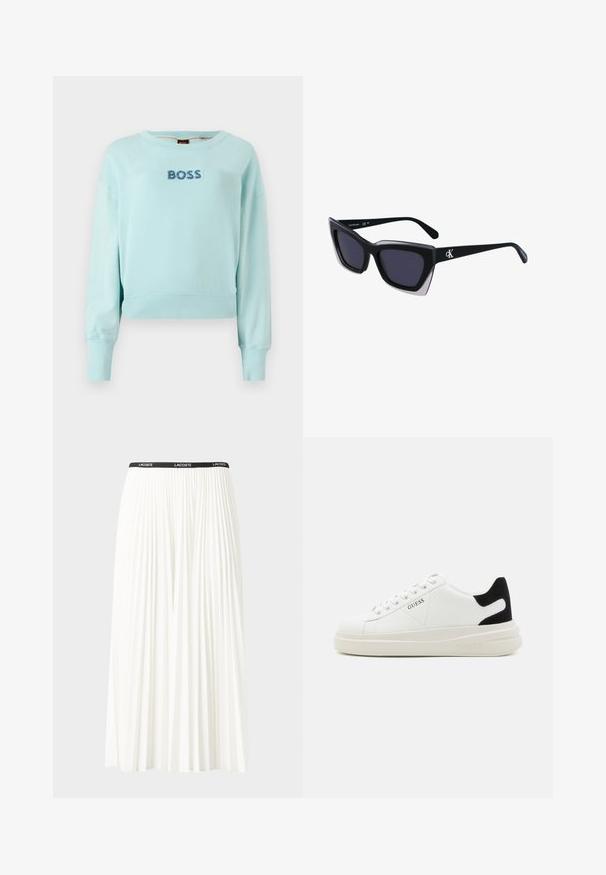 Svijetloplavi skraćeni dukserica s dugim rukavima, rebrastim manžetama i ovratnikom. Ima izvezeno "BOSS" u tamnije plavoj na prednjoj strani.; Gubasta bela krila z črnim elastičnim pasom, ki nosi logotip "LACOSTE". Srednje dolga zasnova z mehkobo tkanine.; Bele usnjene športne copate z debelim belim podplatom, črnimi semišnimi detajli na peti in utisnjenim logotipom na strani. Zavezovanje s šestimi luknjicami.; Črne prevelike sončne očala geometrijske oblike, z temnimi lečami in kontrastno sivo podrobnostjo na okvirju. Logo na ročaju.