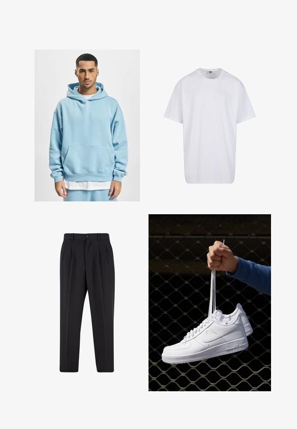 Svijetloplavi dukserica od mekog materijala, s kengurú džepom, kapuljačom s vezicom i rebrastim manžetama. Nošena preko bijele majice.; Bijela pamučna majica s kratkim rukavima, zaobljenim izrezom, opuštenog kroja, bez vidljivih logotipa ili uzoraka. Glatka tekstura i minimalni dizajn.; Crne hlače s nabranim prednjim dijelom, izrađene od glatkog materijala. Imaju zatvaranje na gumb i petlje za remen; ravne su krojen.; Bijele kožne tenisice s perforacijama, okruglim vrhom, ravnim potplatom i debelim vezicama, s vidljivim swoosh logom i natpisom "AIR" na peti.