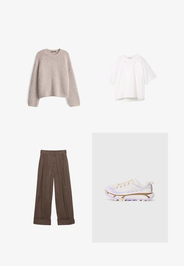 Light beige fuzzy knit sweater with long sleeves and crew neckline, displayed flat on a white background.; White short-sleeve t-shirt with a round neckline, relaxed fit, and a slightly curved hem. Made of smooth, soft fabric with minimal seams.; Brown wide-leg trousers made of cotton, featuring a button closure, pleated front, and rolled cuffs for a relaxed fit.; Lightweight running shoes with a cream and lavender mesh upper, reinforced rubber sole, and distinctive grooves for traction.