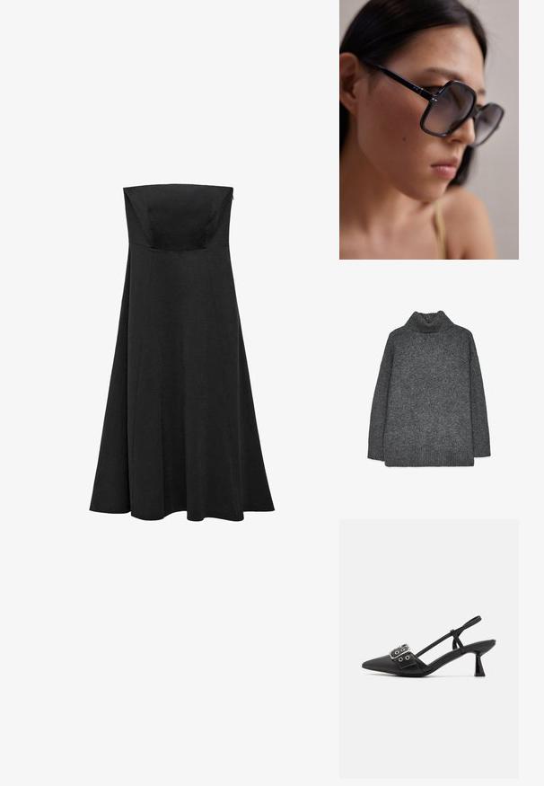 Gray knit turtleneck sweater featuring a relaxed fit, ribbed cuffs and hem, and a textured weave. The back is simple with no additional details.; Black strapless dress with a fitted bodice and flared, floor-length skirt. Made from smooth fabric with no visible patterns or accents.; Simmi London DALA - Classic heels - black; Black oversized sunglasses with a thick frame, gradient lenses, and metal accents on the temples. Close-up view highlighting the facial contours.; Black leather handbag with a curved design, gold-tone hardware, and a top handle. Features a sleek closure and smooth texture.