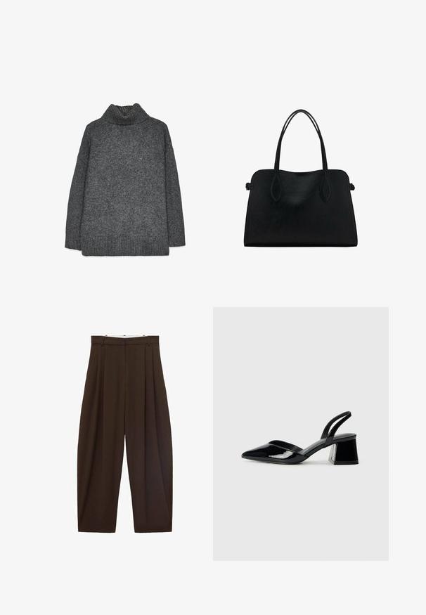 Grau gestrickter Rollkragenpullover mit lockerer Passform, gerippten Bündchen und Saum sowie einer strukturierten Webart. Die Rückseite ist schlicht und ohne zusätzliche Details.; Braune, hoch taillierte Hose mit Falten, aus glattem Stoff. Lässige Passform, gerade Beinform, mit Gürtelschlaufen und Reißverschluss.; Schwarze Lackleder-Slingback-High Heels mit spitzem Schuh und einem geometrischen Blockabsatz. Verfügt über ein schlankes, minimalistisches Design und eine glatte Textur.; Schwarze Lederhandtasche mit zwei Schulterriemen, rechteckiger Form und minimalistischem Design auf weißem Hintergrund.