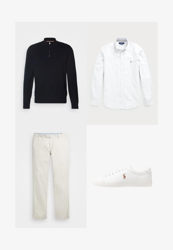 Melnas adītas džemperis ar augstu apkakli un pusizjūksni. Iezīmējas ar smalku zīmolu uz krūškurvja un ribotām piedurknēm un apakšmalu.; Balta garām piedurknēm poga-krekla krekls, izgatavots no kokvilnas. Iespējojot izkliedētu apkakli, pogu aizdari un mazu izšūtu logotipu uz krūtīm.; Bežīgas kokvilnas chinos bikses ar gludu priekšpusi, jostas cilpām un sānu kabatām. Taisnas kājas dizains ar gludu tekstūru un vieglu, elpojošu sajūtu.; Baltas ādas sporta apavi, zema dizaina, ar gludu tekstūru, noapaļotu purngalu, ar auklēm priekšpusē un nelielu izšūtu logotipu sānos.
