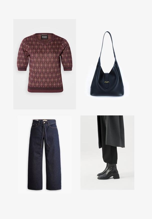 Adīts džemperis burgundijas krāsā ar krēmkrāsas dimantu rakstu. Iespējas īsas puff piedurknes un noapaļota kakla izgriezums. Maiga tekstūra.; Jūras flotes turtlenecks ar gariem piedurknēm. Izgatavots no mīksta auduma ar gludu tekstūru. Iezīmēts ar pieguļošu dizainu un augstu apkakli bez redzamām šuvēm.; Plati zili džinsi ar augstu jostasvietu, ar šnaukaša saišu, piecām kabatām un kontrastējošiem šuvju akcentiem.; Melnas ādas potīšu zābaki ar kvadrātu purngalu un masīnu papēdi, valkāti ar brīvām melnām biksēm un tumši pelēku mēteli. Gluda virsmas tekstūra.; Melnas ādas rokassomi ar mīkstu, brīvu dizainu. Iezīmēta ar plakanu siksnu un centrālu aizdari, kas dekorēta ar zelta akcentu.