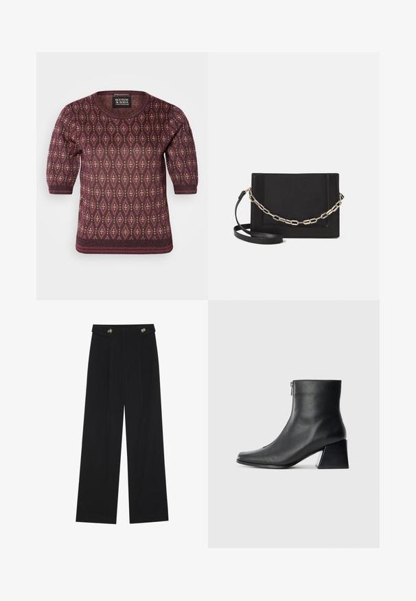 Strikket genser i burgunder med diamantmønster i krem. Har korte puffsermer og en rund halslinning. Myk tekstur.; Svart vide bukser med høy midje, knappdetaljer på midjebåndet og frontplisser.; Sorte skinnankelsko med firkantet tå, glidelås på siden og blokkhæl mot en vanlig lys bakgrunn.; Svart lær crossbody-veske med glatt tekstur, rektangulær form og metallkjede detaljer på framsiden. Justerbar stroppe inkludert.
