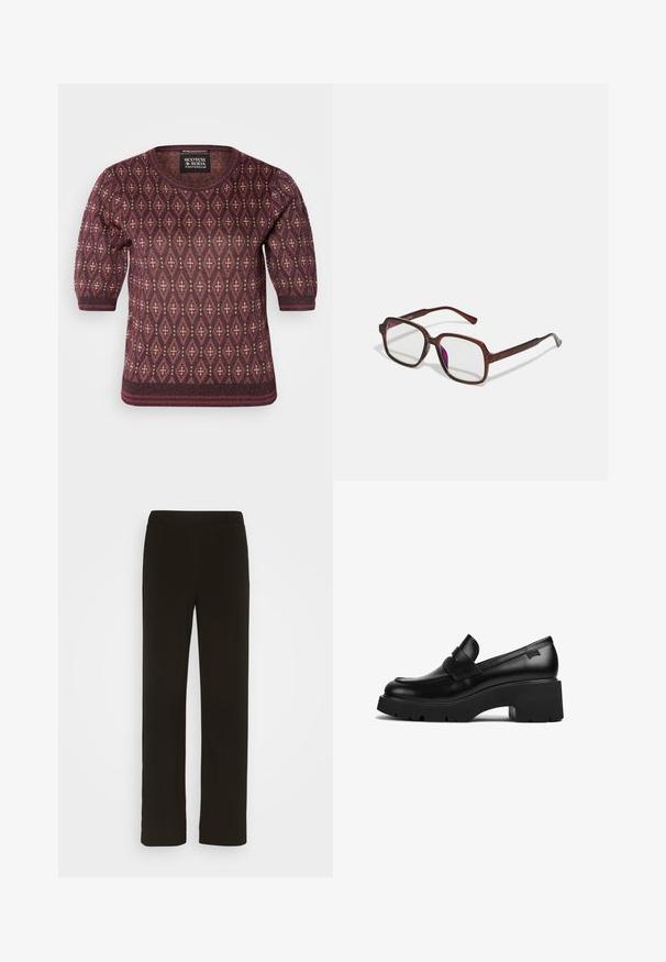 Bordo megztinis su kremine rombų raštu. Trumpi pūsti rankovės ir apvalus iškirpimas. Švelni tekstūra.; Juodi tiesūs kelnės, pagamintos iš audinio, turinčios lygų priekį, dvi šonines kišenes ir glotnų paviršių. Nėra matomų raštų ar akcentų.; Juodas odinis loaferis su storais kulnais, storu padu ir dirželiu per viršų, rodoma iš šono ant baltos fono.; Rudos, stačiakampiai akinių rėmeliai su skaidriais lęšiais ir violetiniais atspalviais. Lygus plastikinis rėmas su tiesiomis šventyklomis ir subtiliais akcentais.; Sidabriniai auskarai su sklandžiu, poliruotu paviršiumi. Apvalios formos ir saugus uždarymo mechanizmas. Lengvas dizainas, tinkantis kasdieniam dėvėjimui.