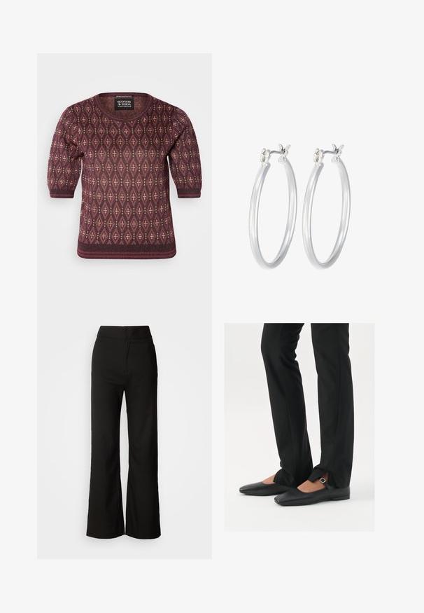 Neulepaita viininpunaisena, jossa on vaaleanpunaisia timanttikuvioita. Ominaisuuksiin kuuluvat lyhyet puffiliivit ja pyöreä kaula-aukko. Pehmeä rakenne.; Mustat leveät housut, joissa on sileä pinta, korkea vyötärö ja siisti muotoilu. Ei näkyviä taskuja tai koristuksia.; Musta nahkakengät balettityylillä, kärjessä terävä muoto, hihna hopeasoljella, yhdistetty mustiin räätälöityihin housuihin, joissa on halkiohelma.; Hope-silver rengas, joissa on sileä ja kiillotettu pinta. Pyöreä muoto ja turvallinen napsautettava lukitus. Kevyt muotoilu sopii päivittäiseen käyttöön.