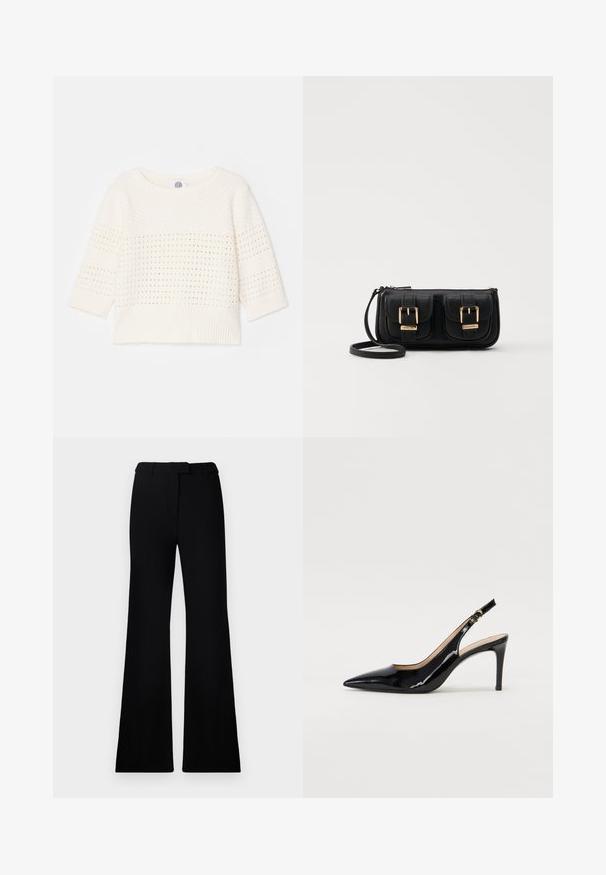 Lightweight cream sweater with three-quarter sleeves, featuring a textured pattern and ribbed hem. Simple design with open knit accents.; Black flared pants featuring a smooth texture, tailored waistband, and front pockets, designed with a sleek, modern silhouette.; Black patent leather slingback pump with pointed toe, slim heel, and a subtle cutout design. Features a gold buckle on the strap.; Black leather crossbody bag with two front pockets, gold buckles, zipper closure, and a slim strap. Textured surface and compact rectangular shape.