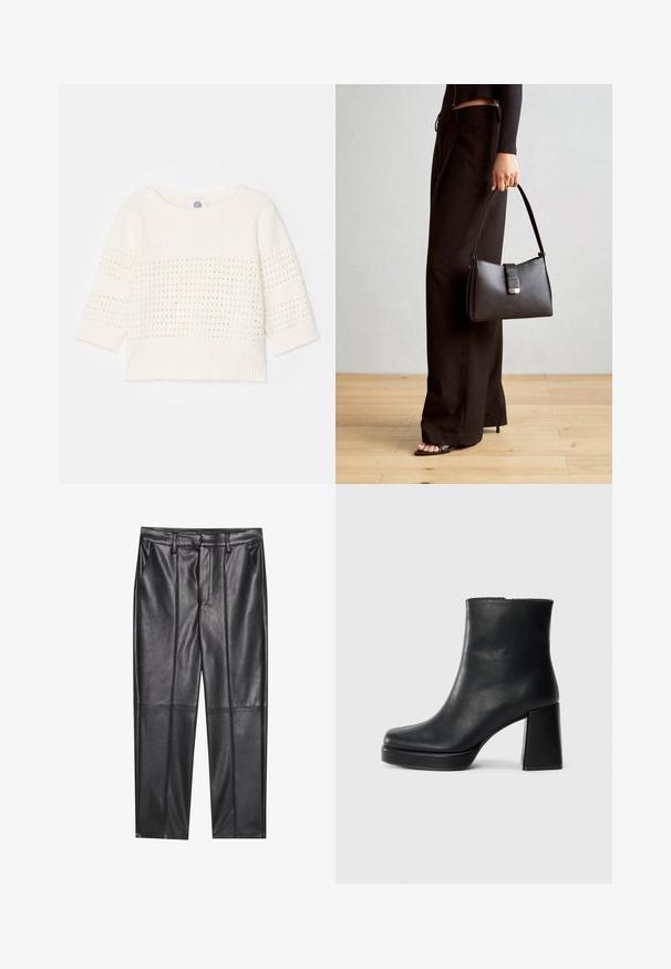 Lahka kremna jopica s tremi četrtinami rokavov, ki ima teksturiran vzorec in rebrast rob. Preprost dizajn z odprtimi pleteninami.; Črne usnjene hlače z gladko teksturo, z ravnim krojem, dvema sprednjima žeparjema in vidnimi šivi.; Črne usnjene gležnjarje z blok peto in platformo, prikazane s strani na enobarvni beli podlagi.; Črna torbica z strukturirano obliko, gladko teksturo in kovinskim zaponko. Ujemajo se z širokimi črnimi hlačami in odprtimi sandali na lesenem tleh.