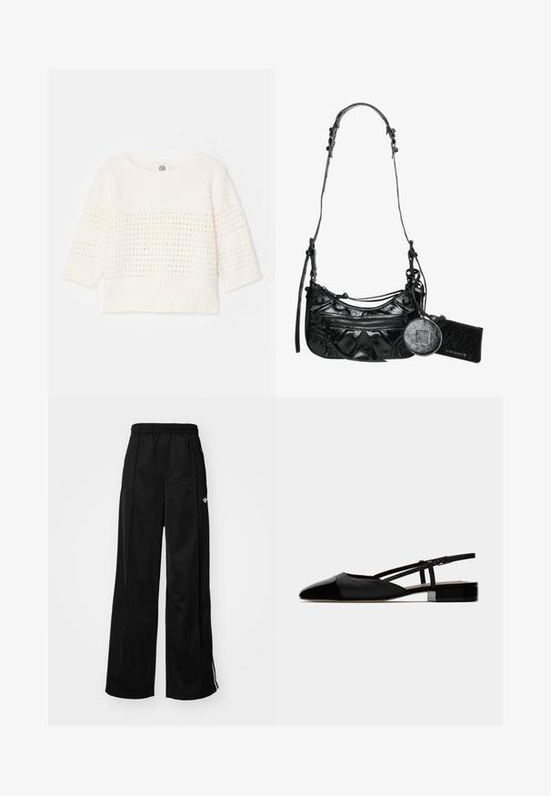 Pull léger en crème avec des manches trois-quarts, présentant un motif texturé et une finition côtelée. Design simple agrémenté d'accents en maille ajourée.; Pantalons de survêtement larges noirs avec une taille élastique, ornés de bandes latérales blanches et d'un petit logo sur la hanche gauche. Texture de tissu lisse.; Ballerines noires en cuir avec un bout pointu, un dessus fermé et une sangle ajustable à la cheville. Elles présentent un petit talon carré. Texture lisse.; Sac à main en simili cuir noir avec un design courbé, poche avant zippée et quincaillerie décorative, comprenant une pochette à pièces ronde amovible.