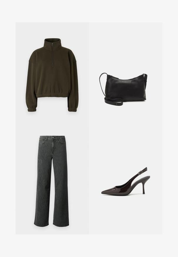 Olíva zöld, rövidített pulóver, puha anyagból készült, magas gallérral, fél cipzárral, rugalmas mandzsettákkal és derékkal.; Sötét szürke denim széles lábú farmer, diszkrét zebra mintás textúrával, kontrasztos varrással és öt zsebes kialakítással, gombos zipzárral.; Fényes sötétbarna lakkbőr magas sarkú slingback cipő, hegyes orral, nyitott oldalakkal és állítható bokapánttal.; Fekete bőr válltáska sima felülettel, ívelt formával, állítható pánttal és cipzáras záródással. Minimalista dizájn díszítmények nélkül.