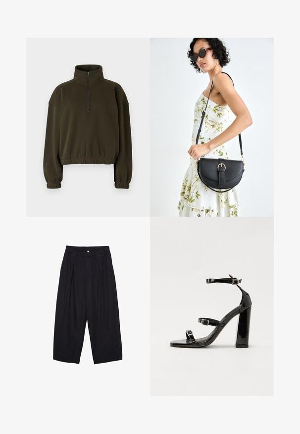 Olivno zelena skrajšana cerada iz mehkega blaga, z visokim ovratnikom, poln zadrgo in elastičnimi manšetami ter spodnjim robom.; Črne poliesterske culotte hlače z elastičnim pasom, dvema sprednjima nabiranjema in ohlapnim krojem. Brez vidnih vzorcev ali kovinskih detajlov.; Črne lakaste sandale z visokimi petami, z dvema trakovoma z zaponkama, kvadratnim sprednjim delom in masivno širšo peto, z gladko, sijočo teksturo.; Črna usnjena torbica s ukrivljeno obliko, z odstranljivo naramnico in zlatimi dodatki. Torbica ima pokrov s podrobnostmi v obliki zaponke.