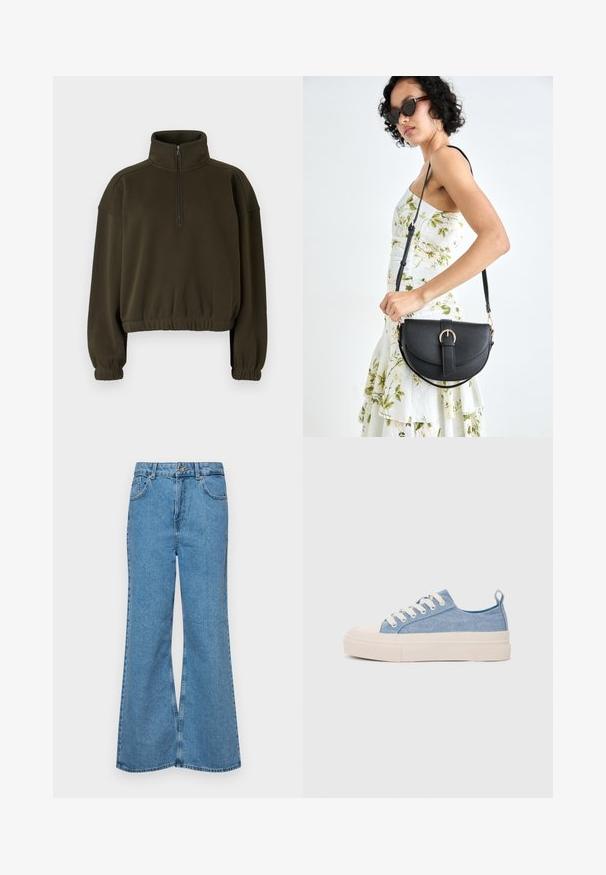 Olíva zöld, rövidített pulóver, puha anyagból készült, magas gallérral, fél cipzárral, rugalmas mandzsettákkal és derékkal.; Világoskék, trapézszárú farmernadrág, magas derékkal, öt zsebbel és egy gombos záródással. Puha tapintású, magasított effektusú anyag.; Világoskék vászon sportcipők, krémszínű gumitippel és talppal, fehér fűzőkkel és egy húzófüllel a sarkán.; Fekete bőrtáska ívelt formával, levehető pánttal és arany színű fémrészekkel. A táskán egy csattal díszített fedél található.