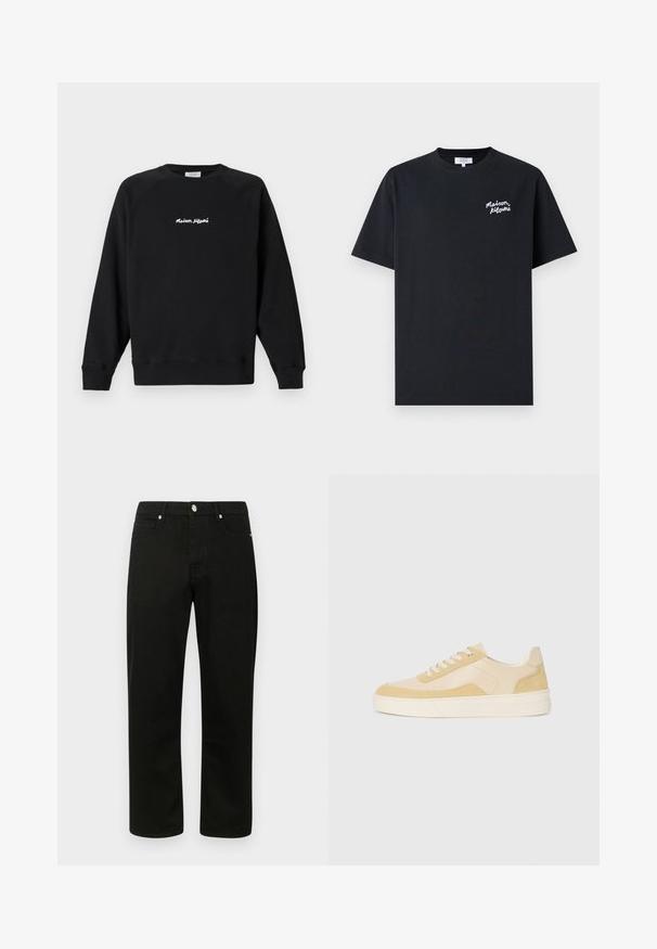 Zwarte lange mouwsweatshirt met ronde hals en witte "Maison Kitsuné" tekst gecentreerd op de borst, afgebeeld tegen een eenvoudige lichte achtergrond.; Zwarte katoen t-shirt met ronde hals. Kenmerkt zich door een witte handgeschreven merklogo op de linker borst. Korte mouwen, normale pasvorm.; Zwarte denim jeans met een recht benenek ontwerp, met een klassieke vijf-pocket indeling en zilverkleurige hardware. Zacht, gestructureerd materiaal.; Schoenen in lichtgele suede en leer, met een gevoerde zool en gestikte accenten. Klassiek vetersluiting ontwerp met een ronde neus.