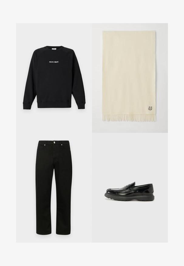 Svart långärmad crewneck-tröja med vit text "Maison Kitsuné" centrerad på bröstet, visad mot en enkel ljus bakgrund.; Svarta denimjeans med rak bendesign, med en klassisk femficks-layout och silverfärgad hårdvara. Mjukt, texturerat tyg.; Svart läderloaferskor med en glänsande yta, rund tå, diskreta söm detaljer och en tjock gummisula för hållbarhet.; Krämsfärgad scarv gjort av mjukt material, med en vävd frans nertill och en liten broderad djurgrafik i ett hörn.